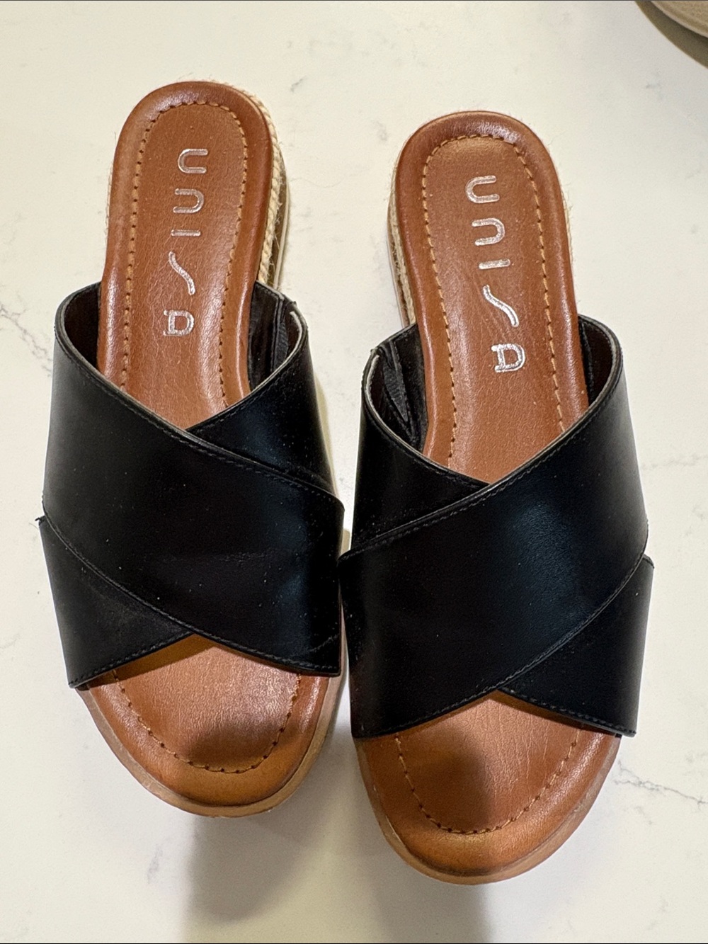 Unisa Black Cross-Band Slide Sandals with Tan Footbed - Picture 2 of 5
